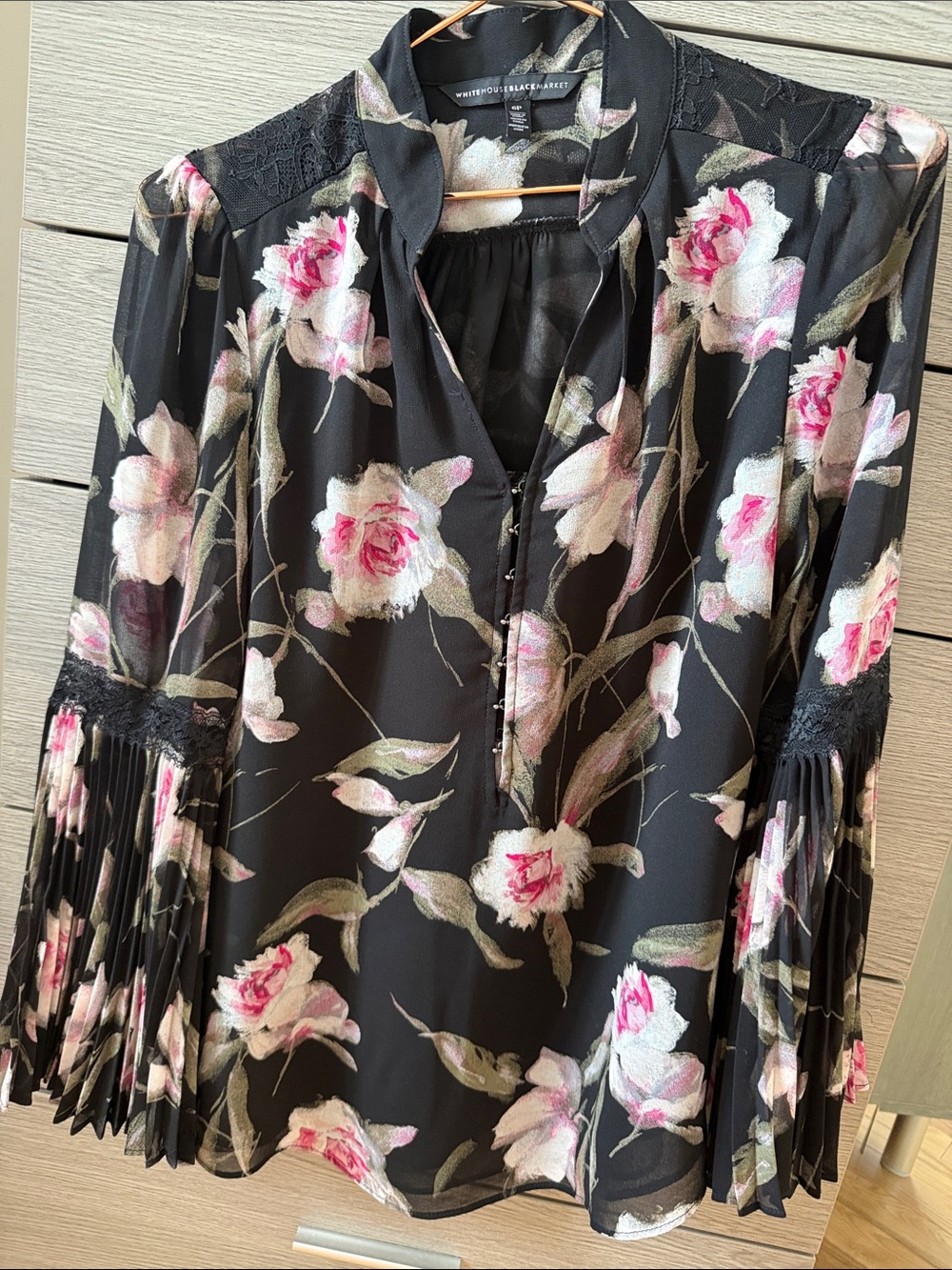 White House Black Market Black Floral Fringe-Sleeve Blouse
